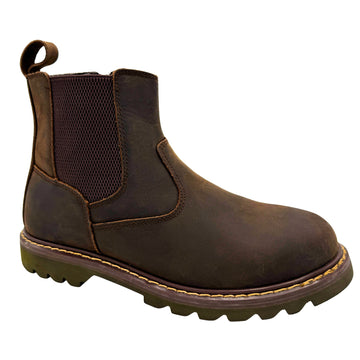 9843- Aussie: Men's 6" Pull on Work Boot - Brown [soft toe, side zip]